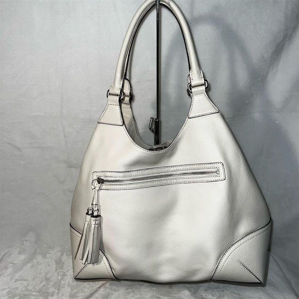 Ann Taylor Women's Off-White Leather Tote Handbag with Tassel Detail